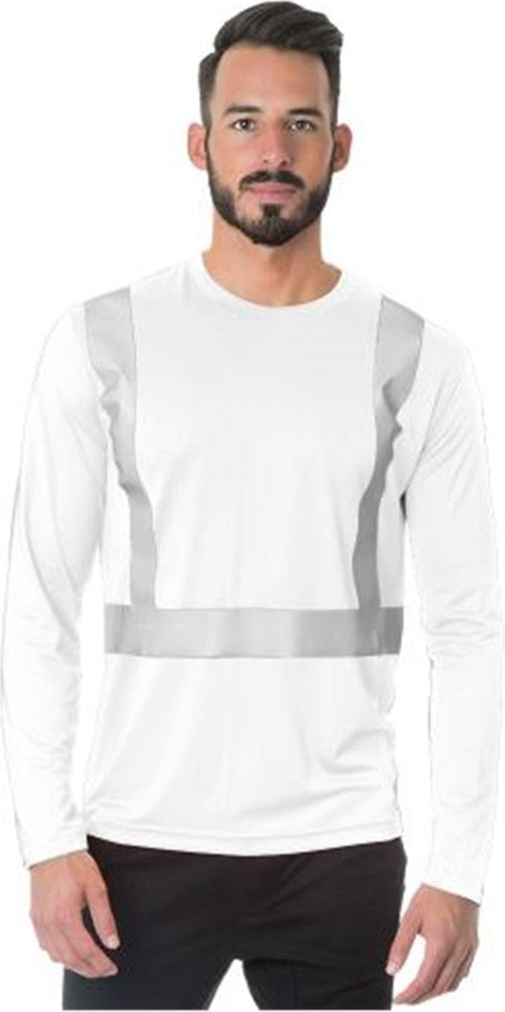 Front View of White USA-Made Hi-Visibility Long Sleeve Performance T-Shirt - 3742