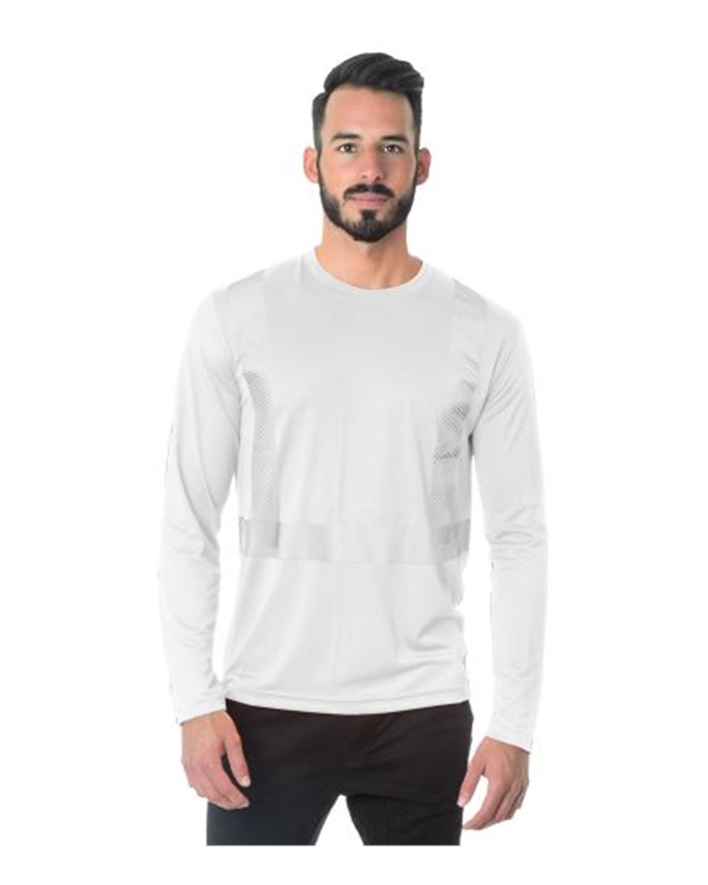 Front View of White USA-Made Hi-Visibility Long Sleeve Performance T-Shirt - Segmented Tape - 3740