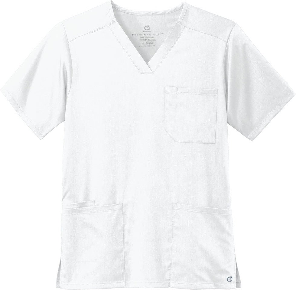 Front View of White Wink Men's Premiere Flex V-Neck Top WW5068