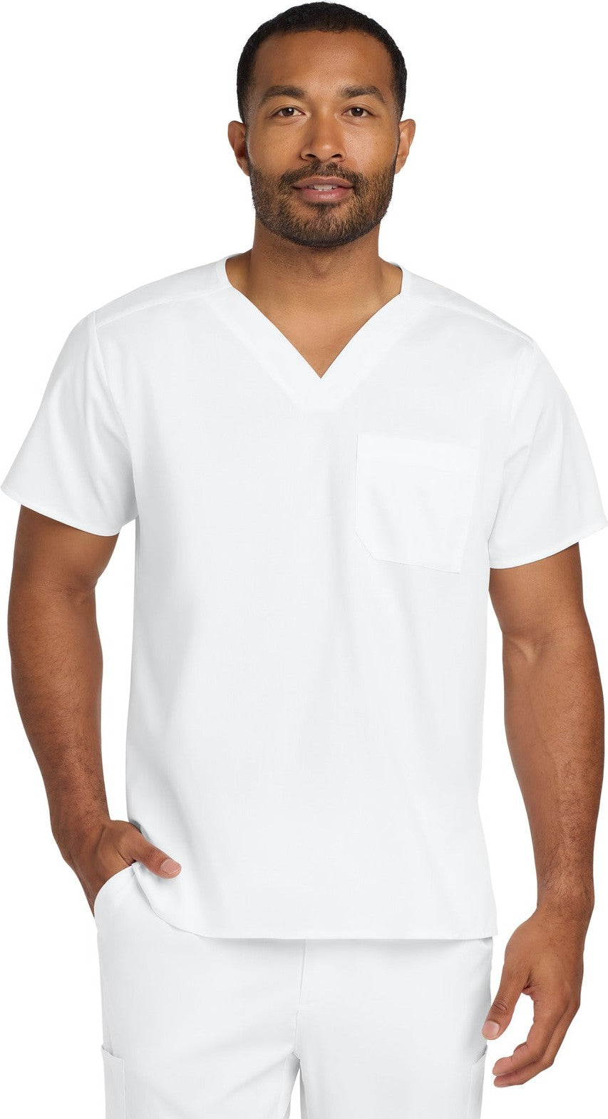 Front View of White Wink Unisex WorkFlex Chest Pocket V-Neck Top WW3160