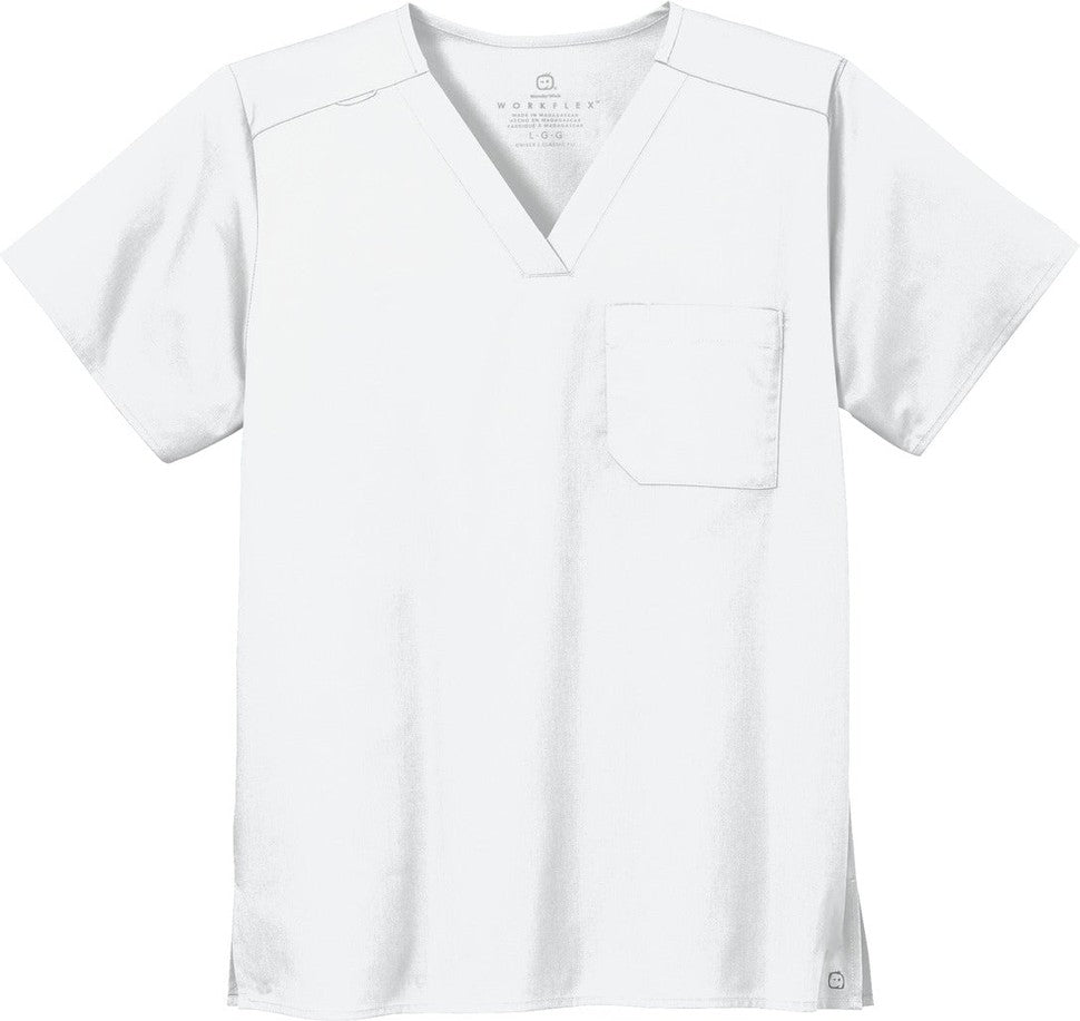 Front View of White Wink Unisex WorkFlex Chest Pocket V-Neck Top WW3160