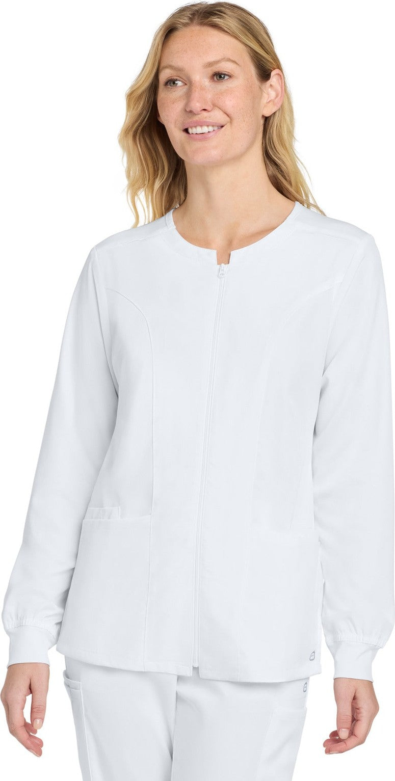 Front View of White Wink Women's Premiere Flex Full-Zip Scrub Jacket WW4088