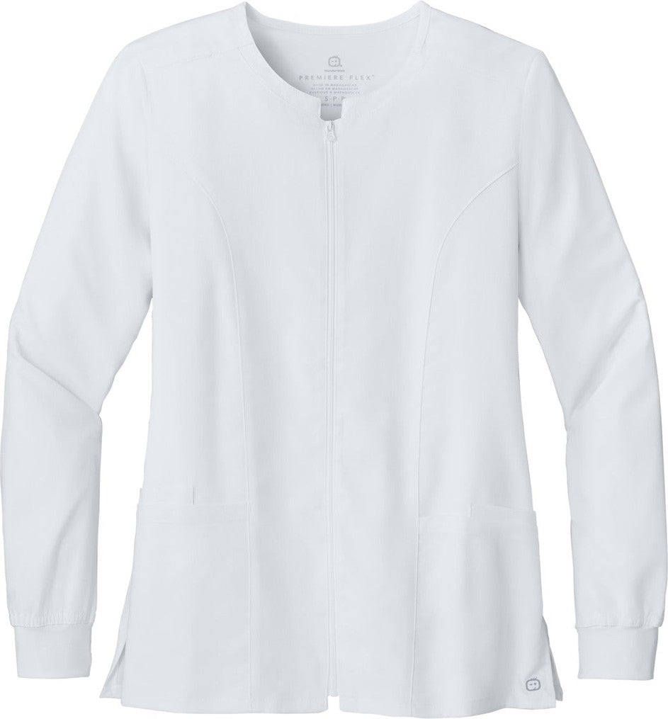 Front View of White Wink Women's Premiere Flex Full-Zip Scrub Jacket WW4088