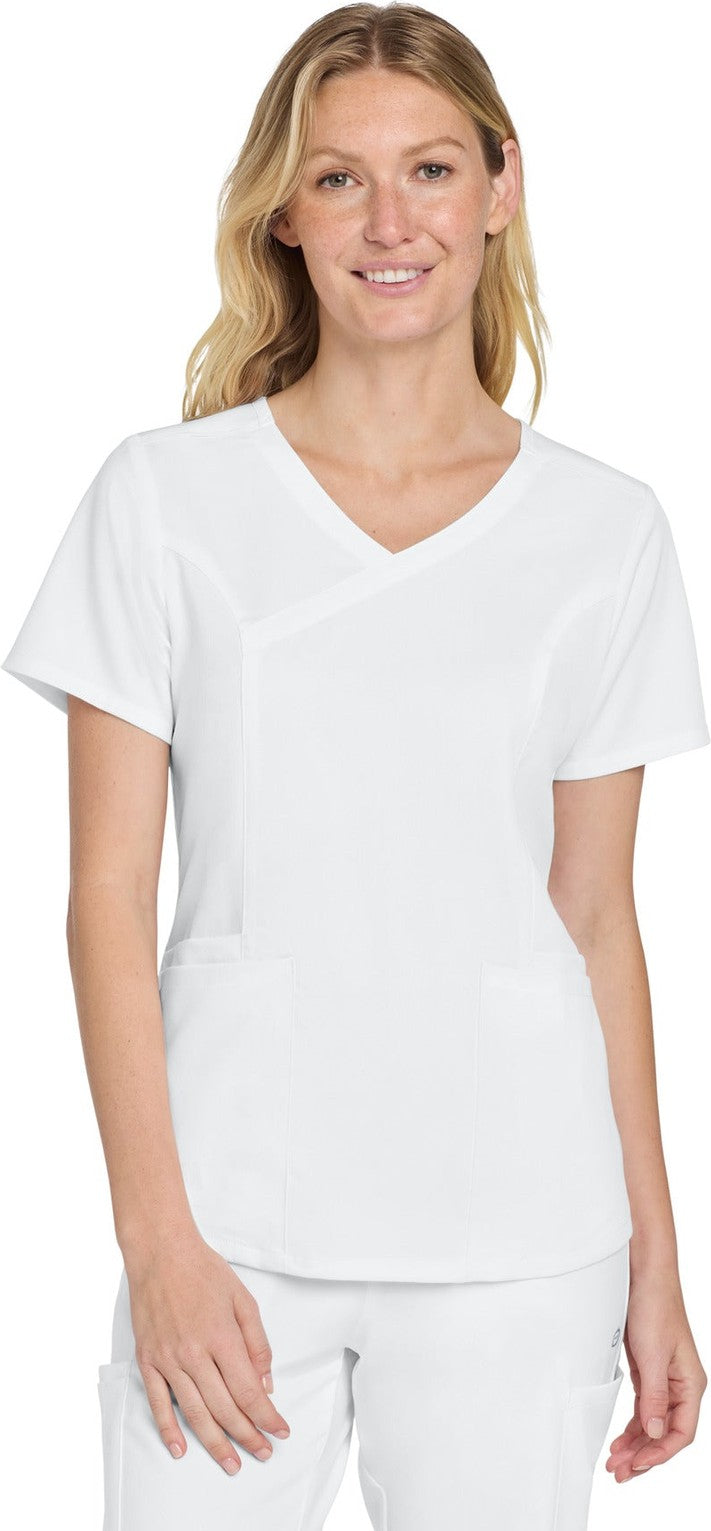 Front View of White Wink Women's Premiere Flex Mock Wrap Top WW4268