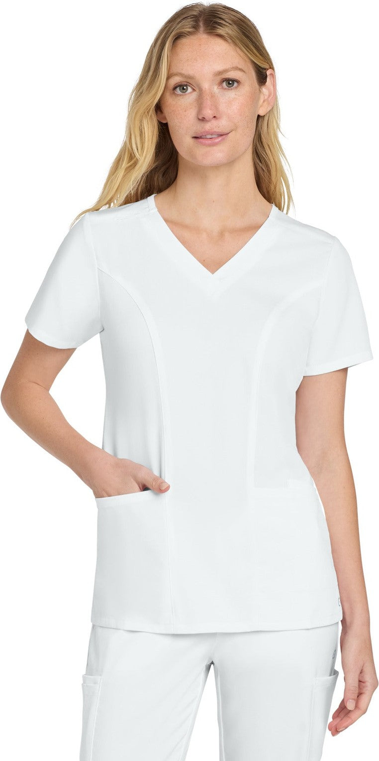 Front View of White Wink Women's Premiere Flex V-Neck Top WW4168