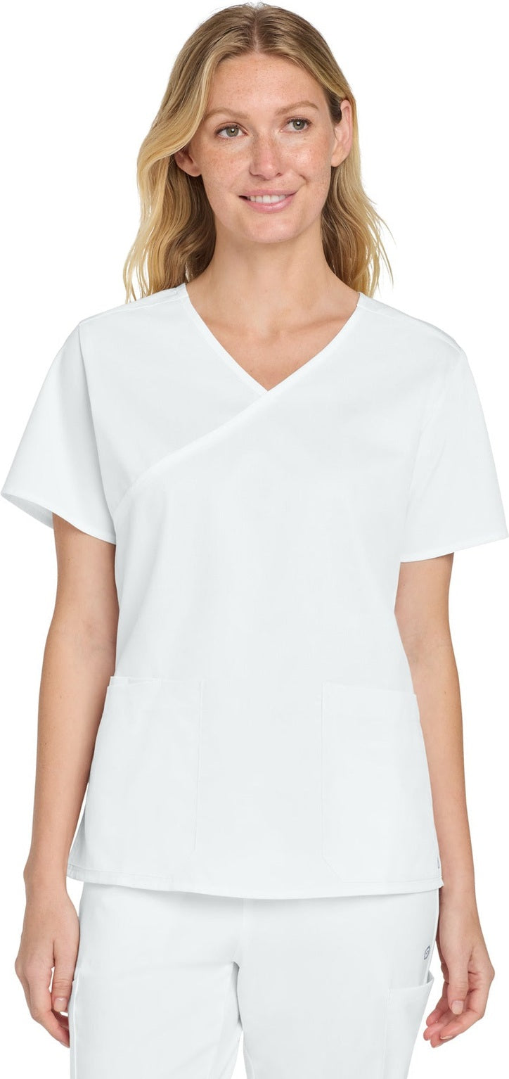 Front View of White Wink Women's WorkFlex Mock Wrap Top WW4760