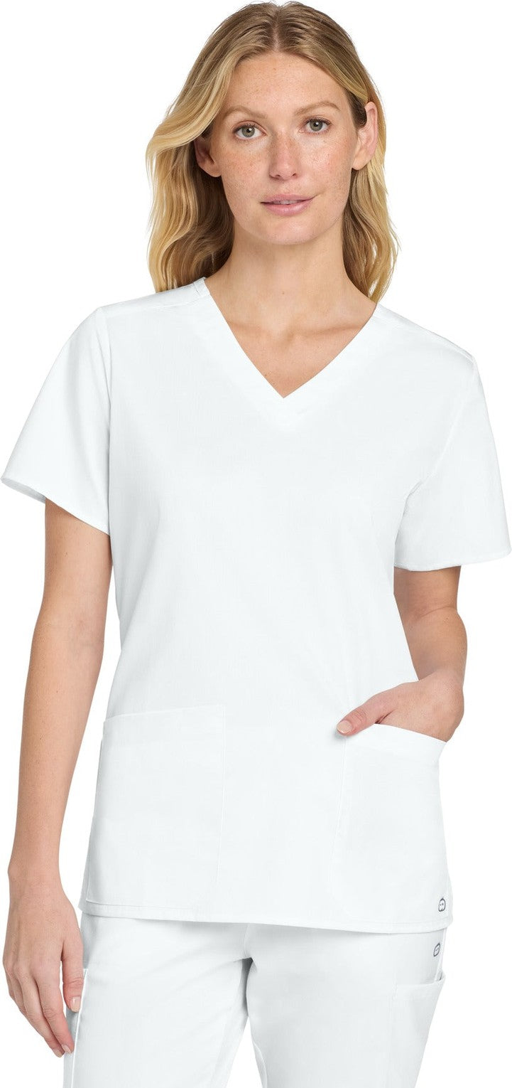 Front View of White Wink Women's WorkFlex V-Neck Top WW4560