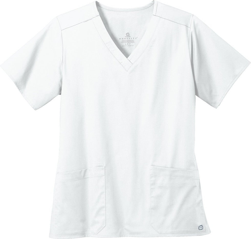 Front View of White Wink Women's WorkFlex V-Neck Top WW4560