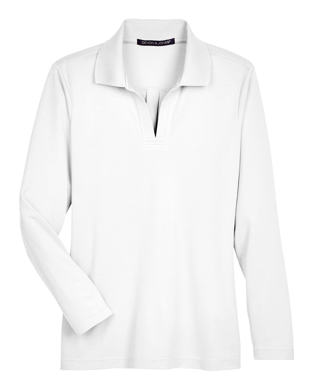Front View of White Women's CrownLux Performance® Plaited Long Sleeve Polo - DG20LW