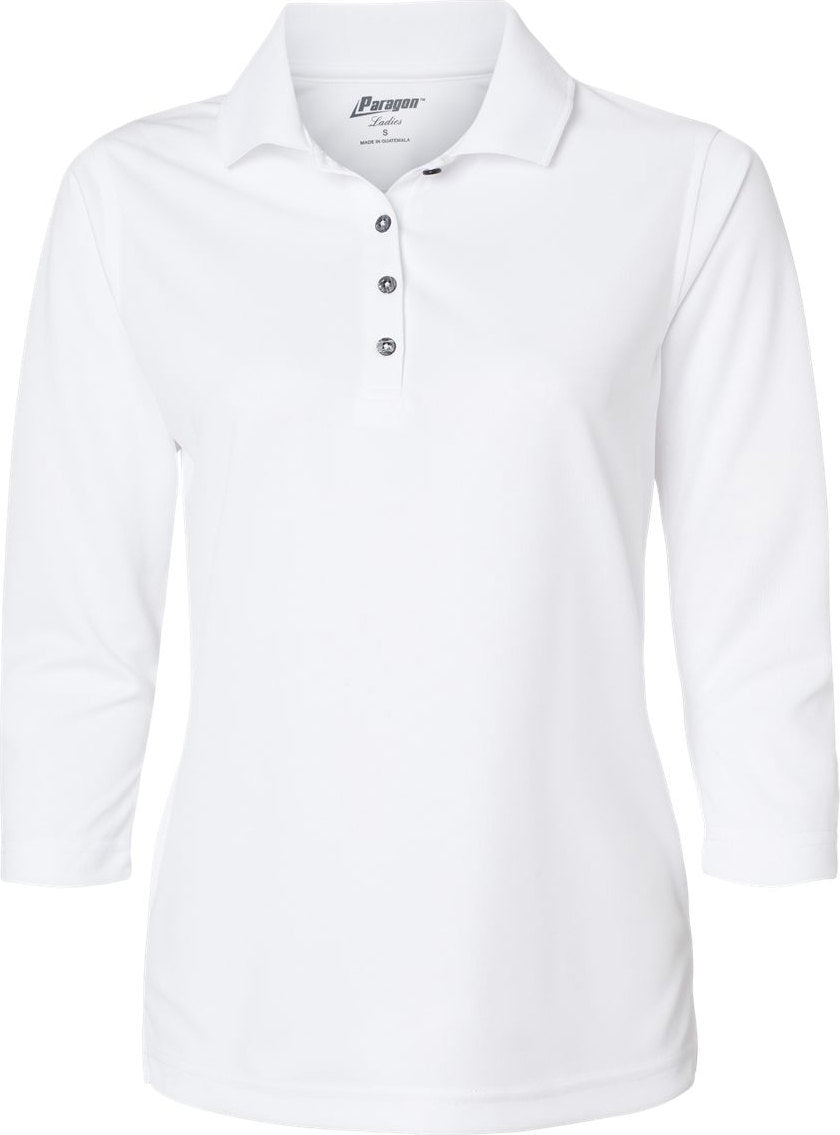 Front View of White Women's Lady Palm Three-Quarter Sleeve Polo - 120