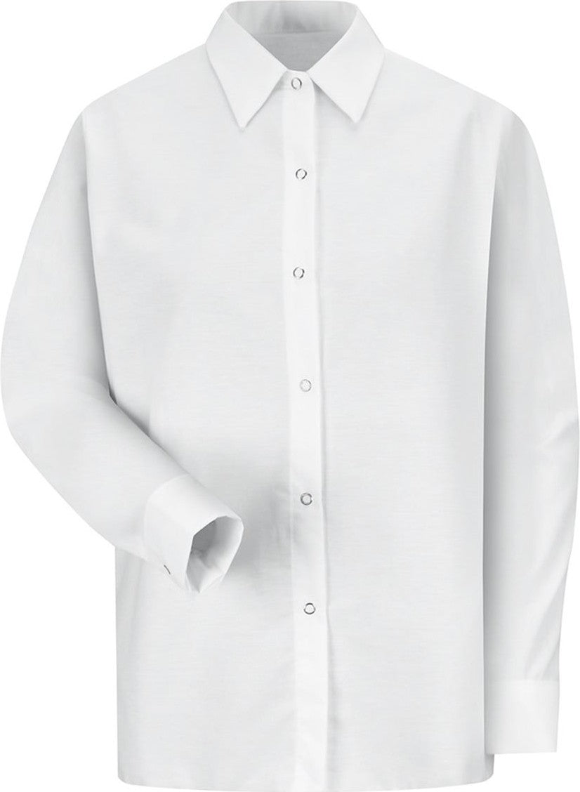 Front View of White Women's Long Sleeve Specialized Pocketless Poplin Work Shirt - SP15