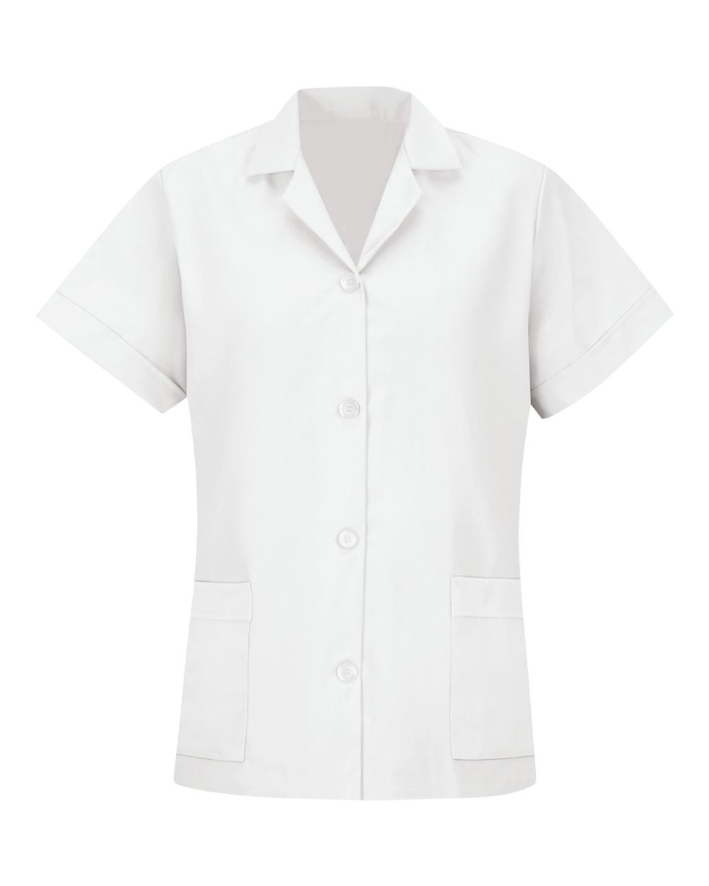 Front View of White Women's Loose Fit Short Sleeve Button Smock - TP23