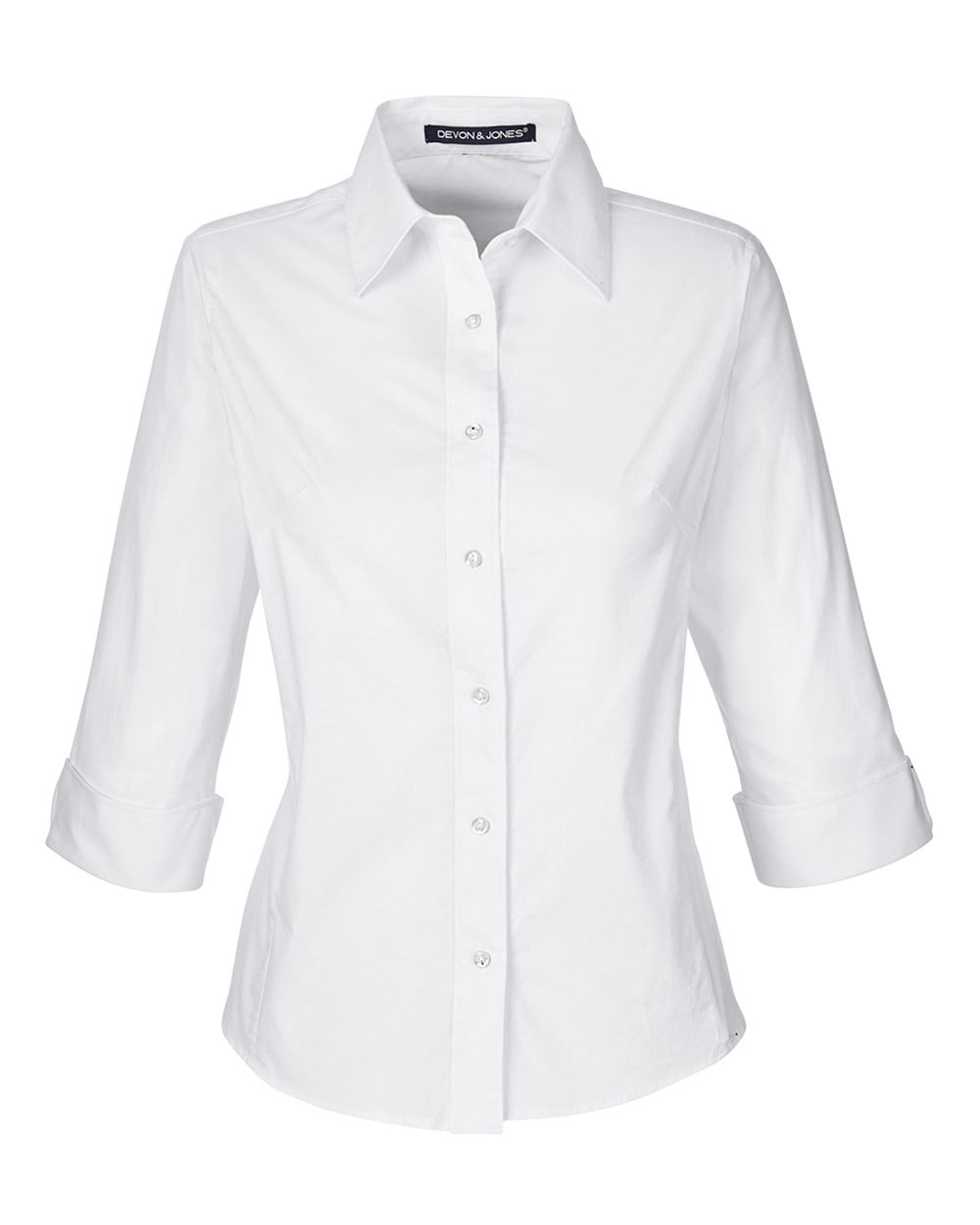 Front View of White Women's Perfect Fit™ Three-Quarter Sleeve Stretch Poplin Dress Shirt - DP625W