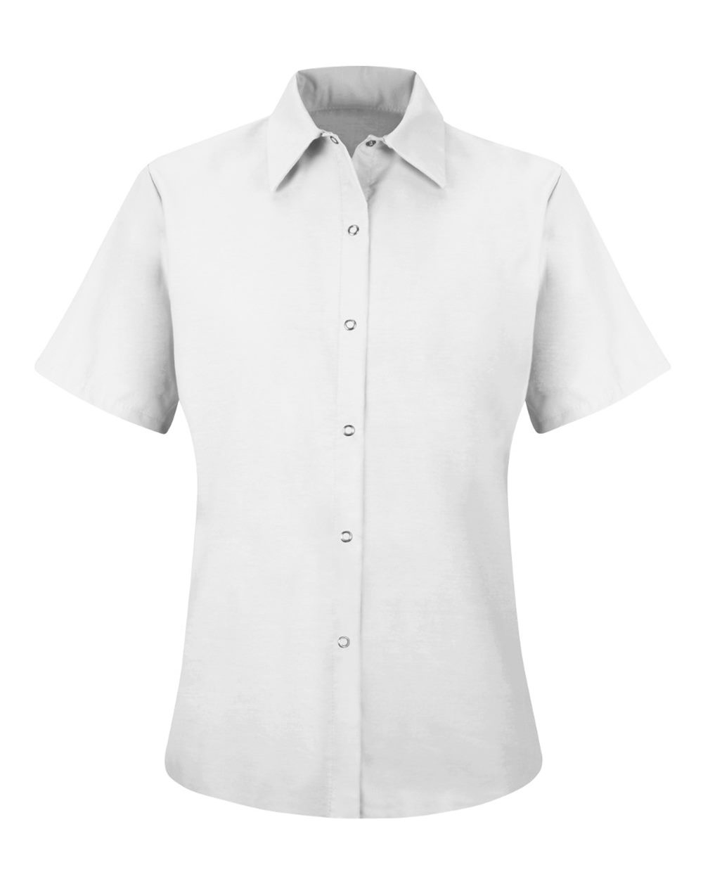 Front View of White Women's Short Sleeve Specialized Pocketless Work Shirt - SP25