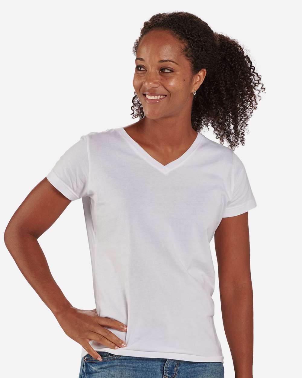 Front View of White Women's V-Neck T-Shirt - BW2201