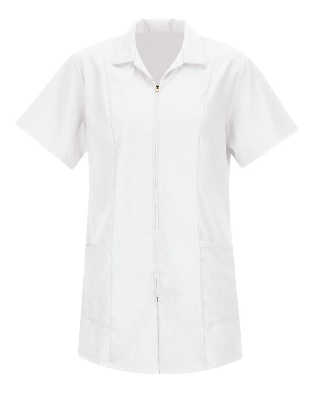 Front View of White Women's Zip Front Smock - KP43