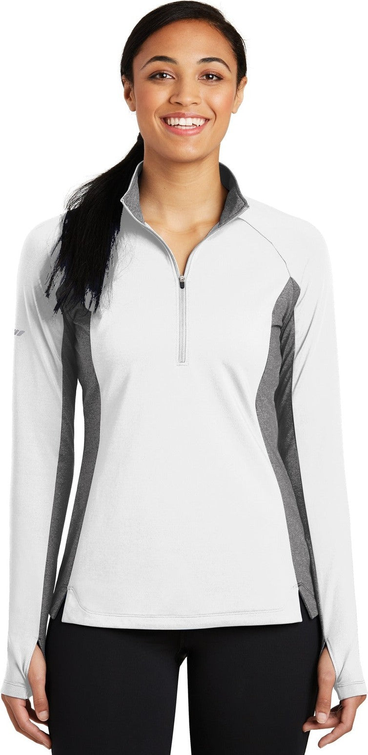Front View of White/Ch Gy He Sport-Tek Women's Sport-Wick Stretch Contrast 1/4-Zip Pullover. LST854