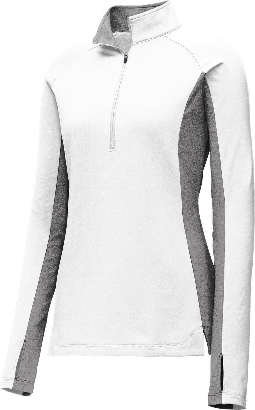 Front View of White/Ch Gy He Sport-Tek Women's Sport-Wick Stretch Contrast 1/4-Zip Pullover. LST854