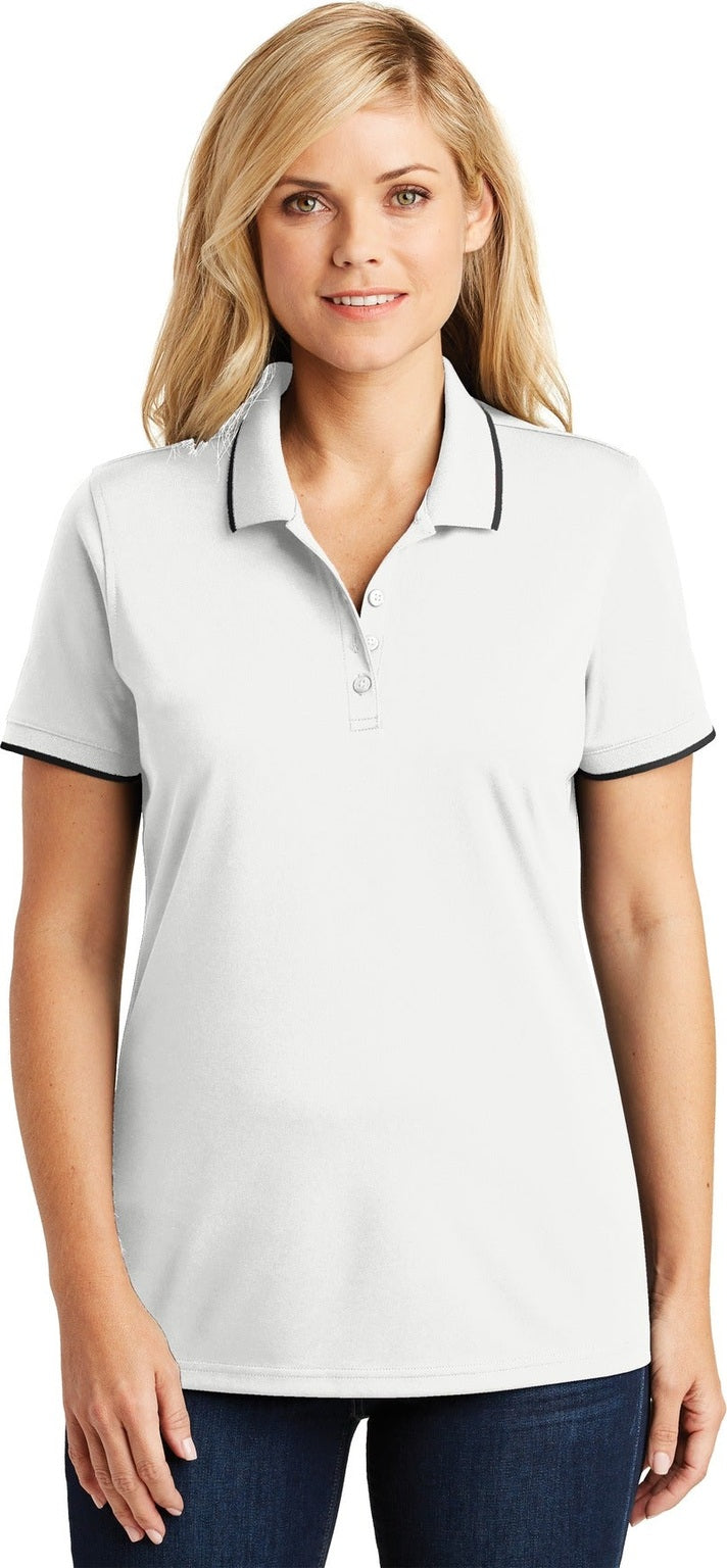 Front View of White/Dp Black Port Authority Women's Dry Zone UV Micro-Mesh Tipped Polo. LK111