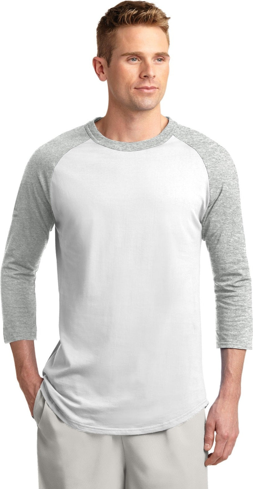 Front View of White/Grey Hth Sport-Tek Colorblock Raglan Jersey. T200