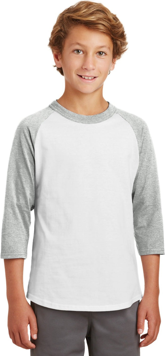 Front View of White/Grey Hth Sport-Tek Youth Colorblock Raglan Jersey. YT200