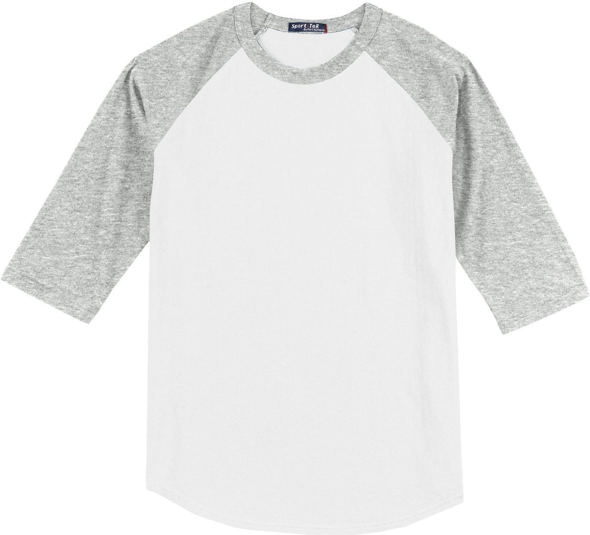 Front View of White/Grey Hth Sport-Tek Youth Colorblock Raglan Jersey. YT200