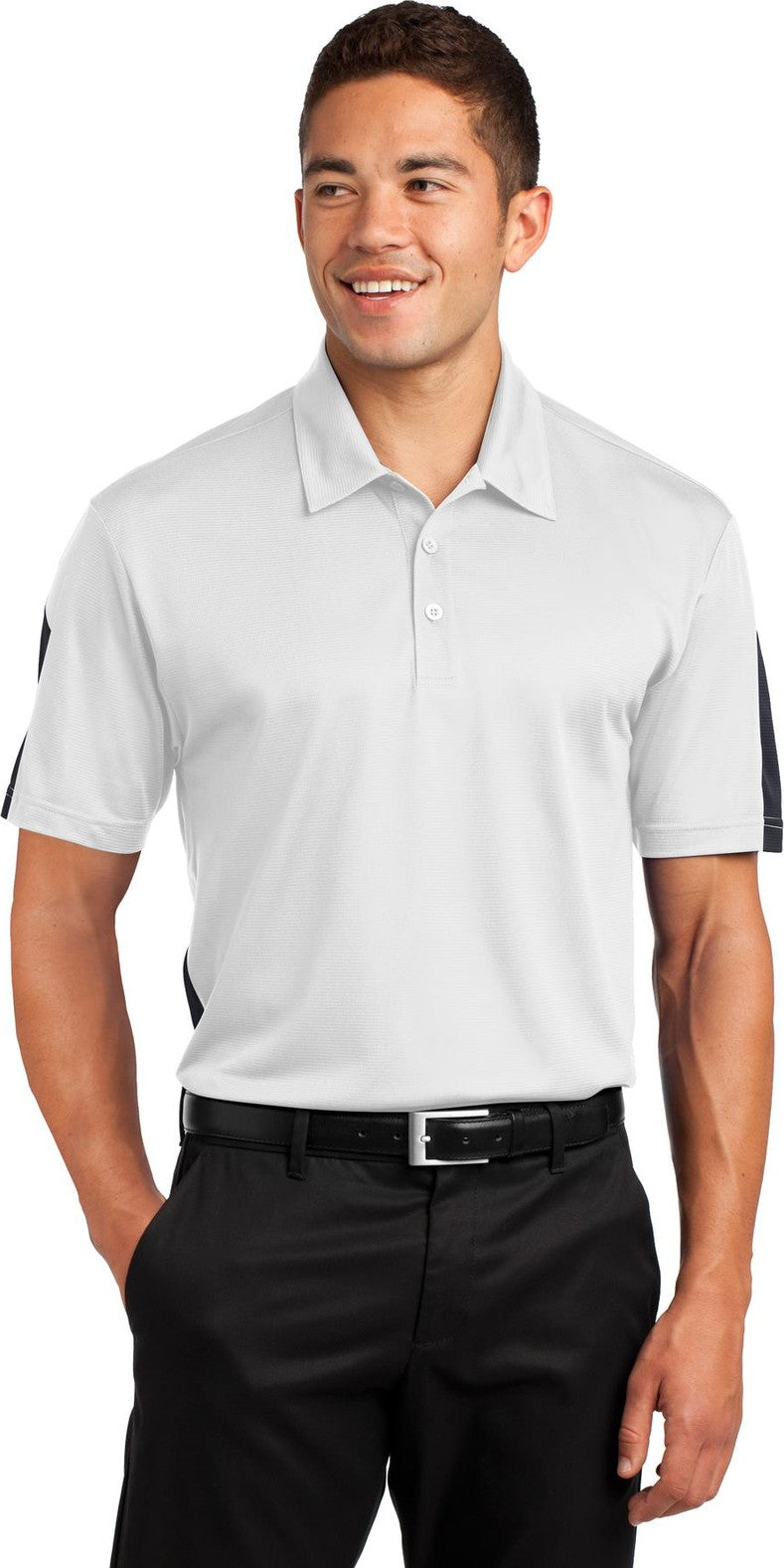 Front View of White/Grey Sport-Tek PosiCharge Active Textured Colorblock Polo. ST695