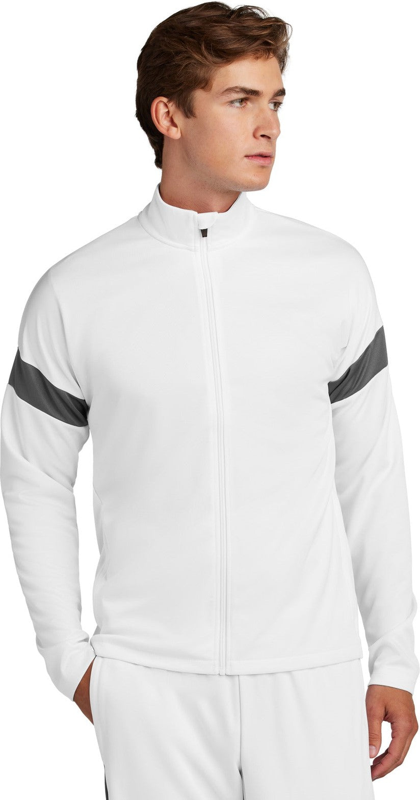 Front View of White/IrGy Sport-Tek Travel Full-Zip Jacket ST800