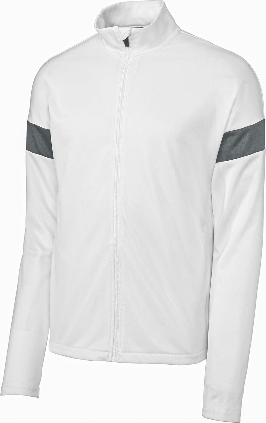 Front View of White/IrGy Sport-Tek Travel Full-Zip Jacket ST800