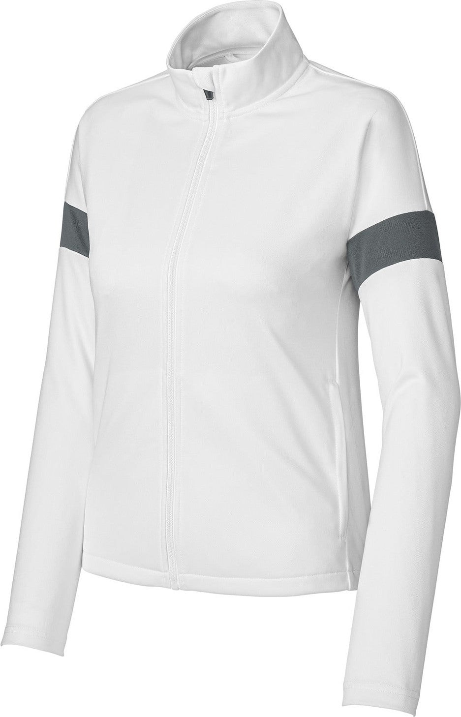 Front View of White/IrGy Sport-Tek Women's Travel Full-Zip Jacket LST800