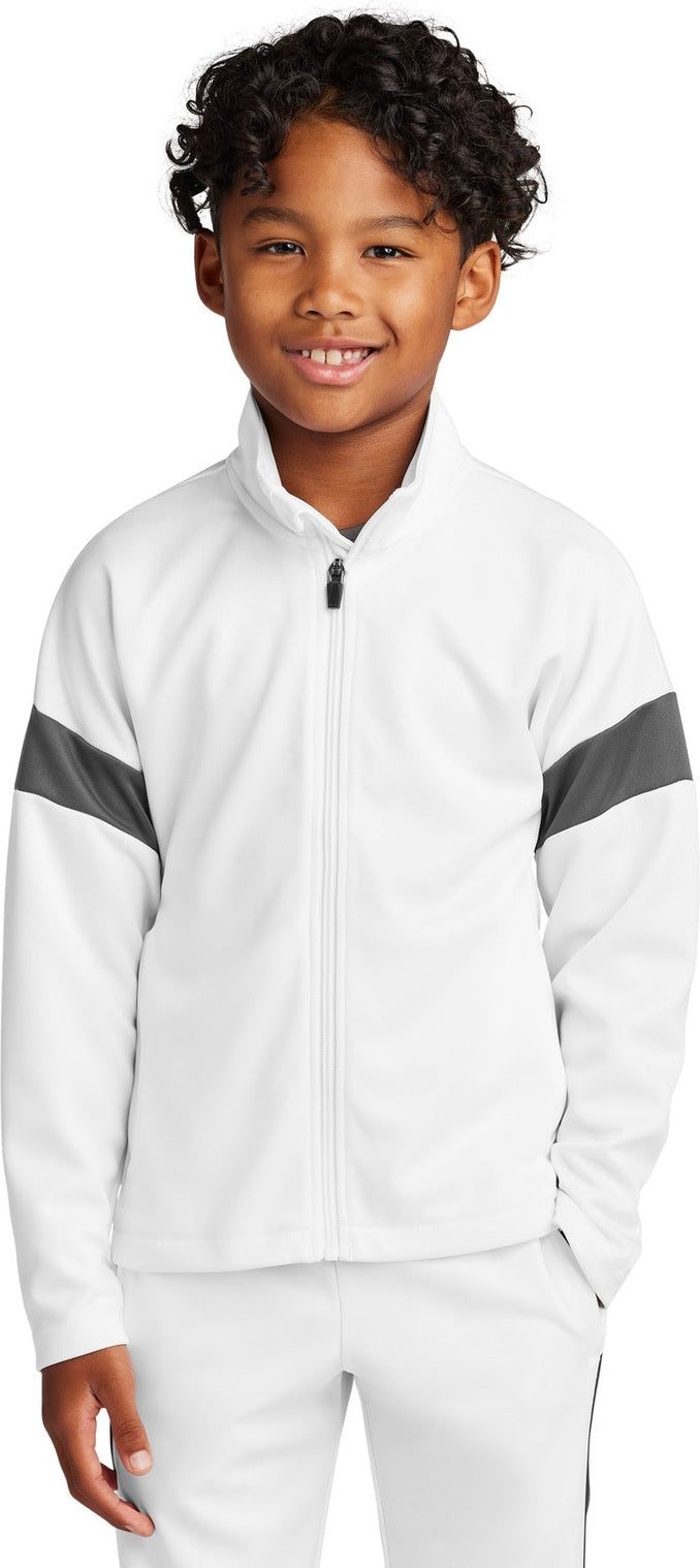 Front View of White/IrGy Sport-Tek Youth Travel Full-Zip Jacket YST800