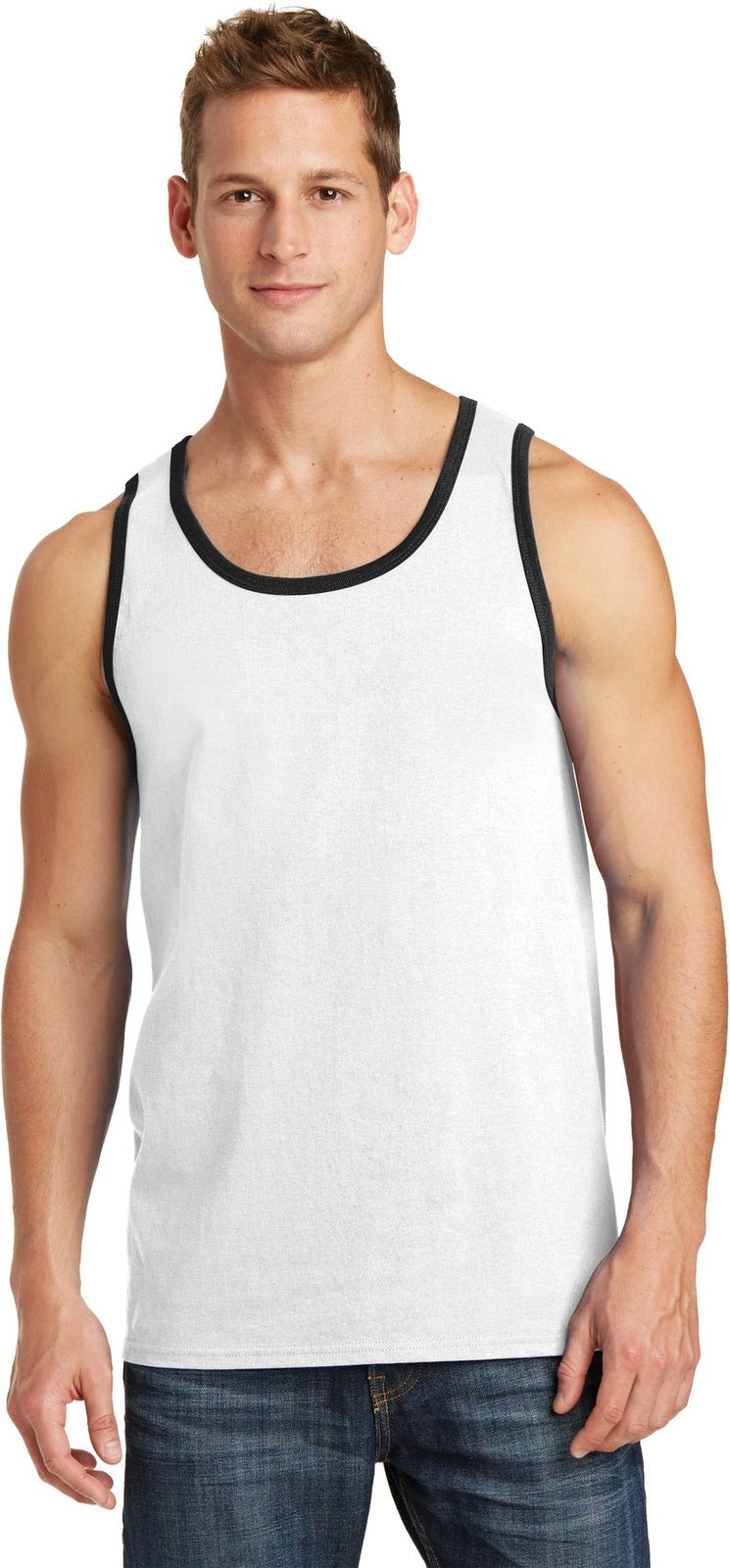 Front View of White/Jet Blck Port & Co Core Cotton Tank Top. PC54TT