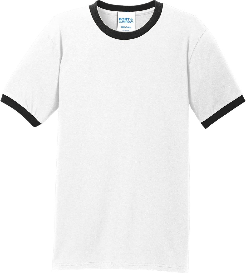 Front View of White/Jet Blk Port & Co Core Cotton Ringer Tee. PC54R