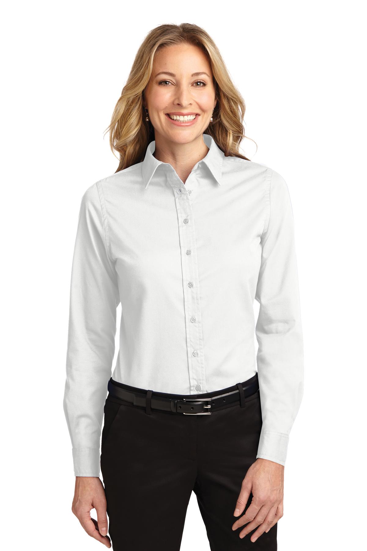 Front View of White/Lt Stone Port Authority Women's Long Sleeve Easy Care Shirt. L608