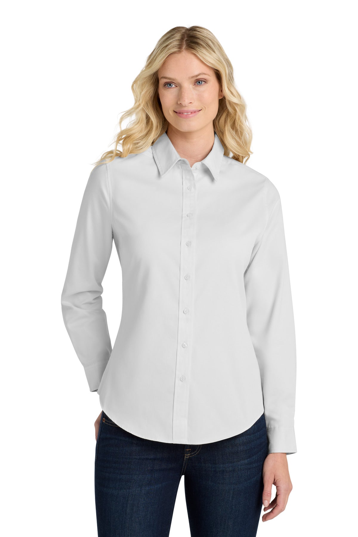 Front View of White/Lt Stone Port Authority Women's Long Sleeve Easy Care Shirt. L608