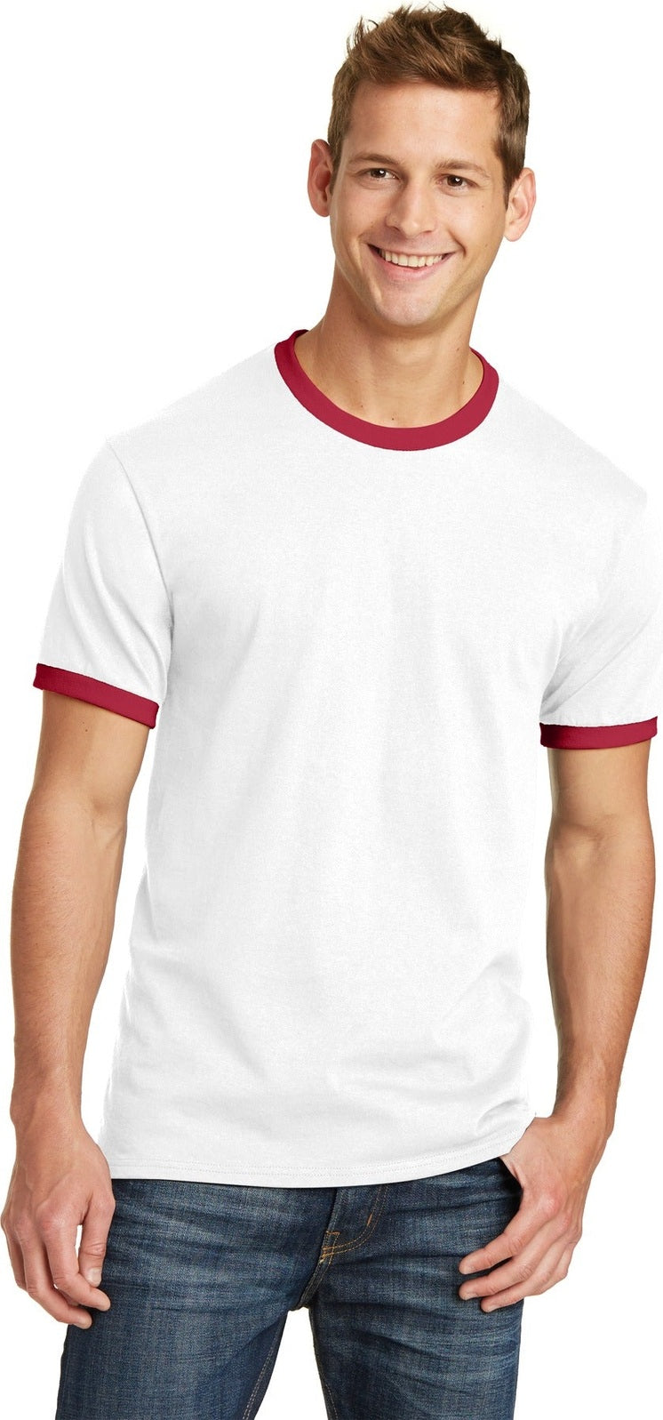 Front View of White/Red Port & Co Core Cotton Ringer Tee. PC54R