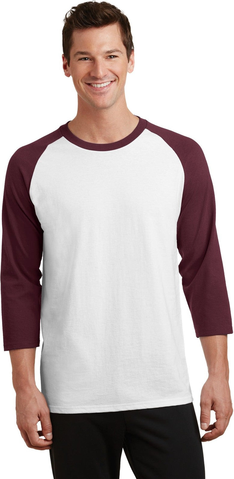 Front View of Wht/Ath Maroon Port & Co Core Blend 3/4-Sleeve Raglan Tee. PC55RS
