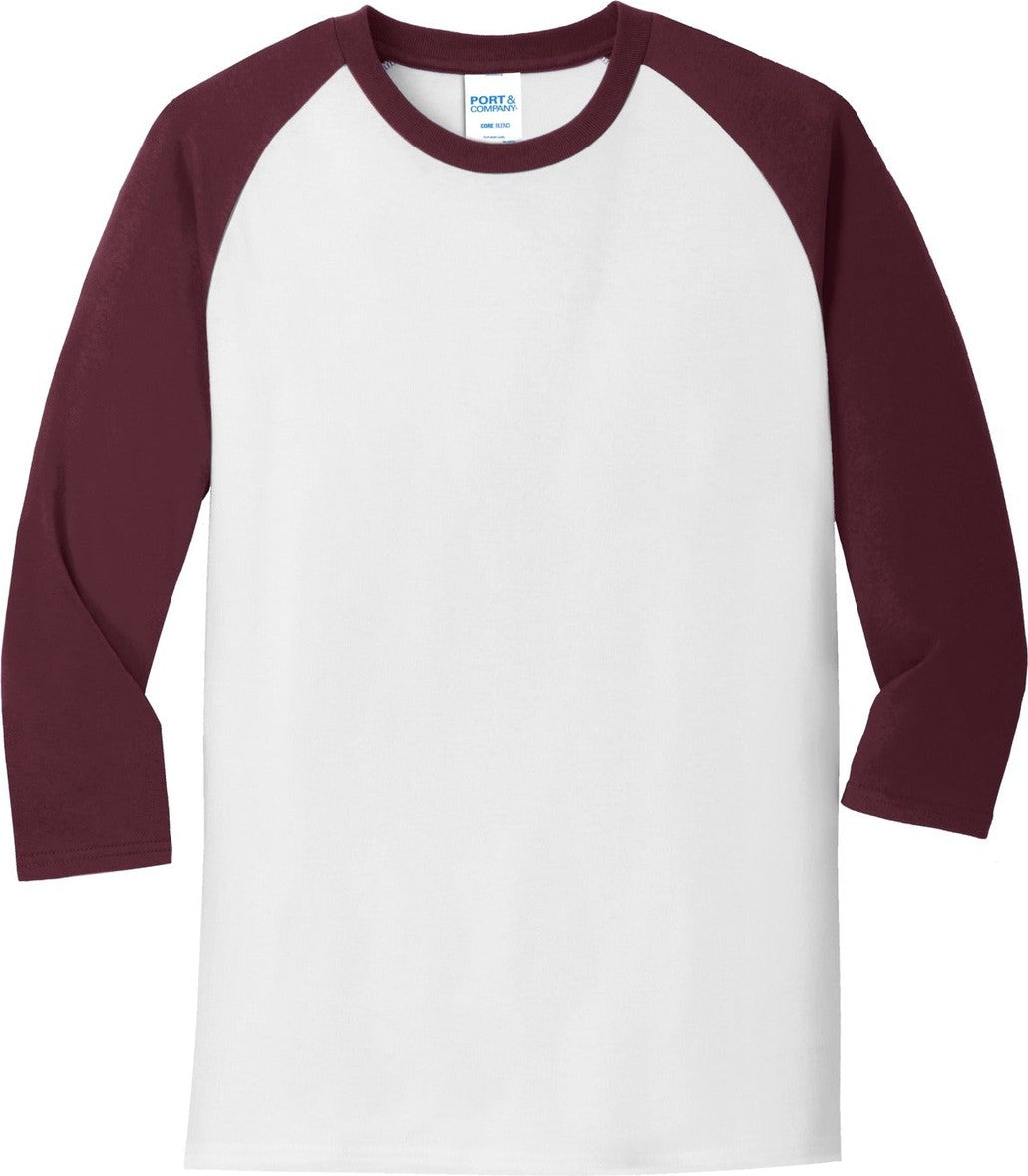 Front View of Wht/Ath Maroon Port & Co Core Blend 3/4-Sleeve Raglan Tee. PC55RS