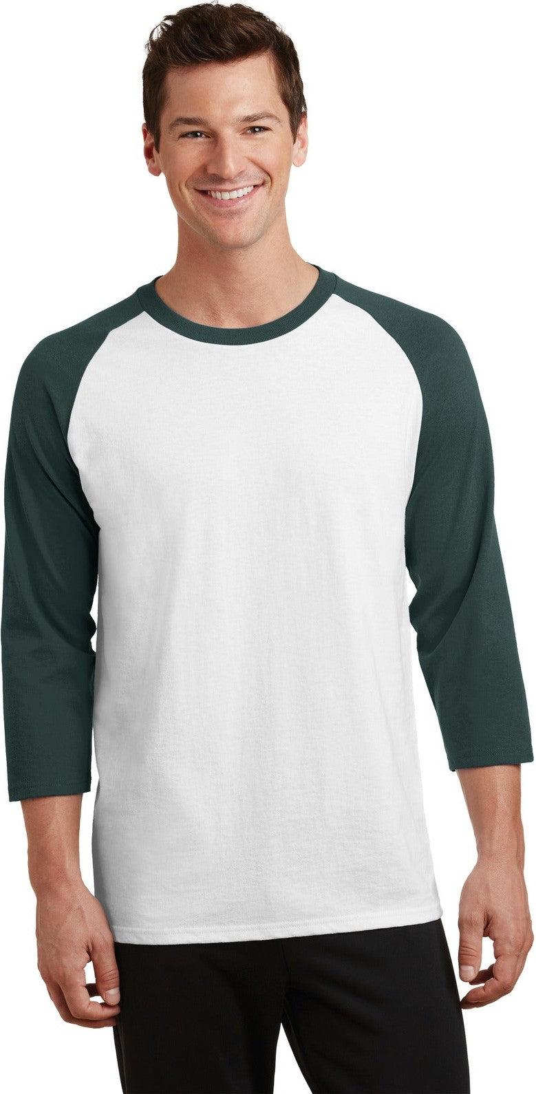 Front View of Wht/Dark Green Port & Co Core Blend 3/4-Sleeve Raglan Tee. PC55RS