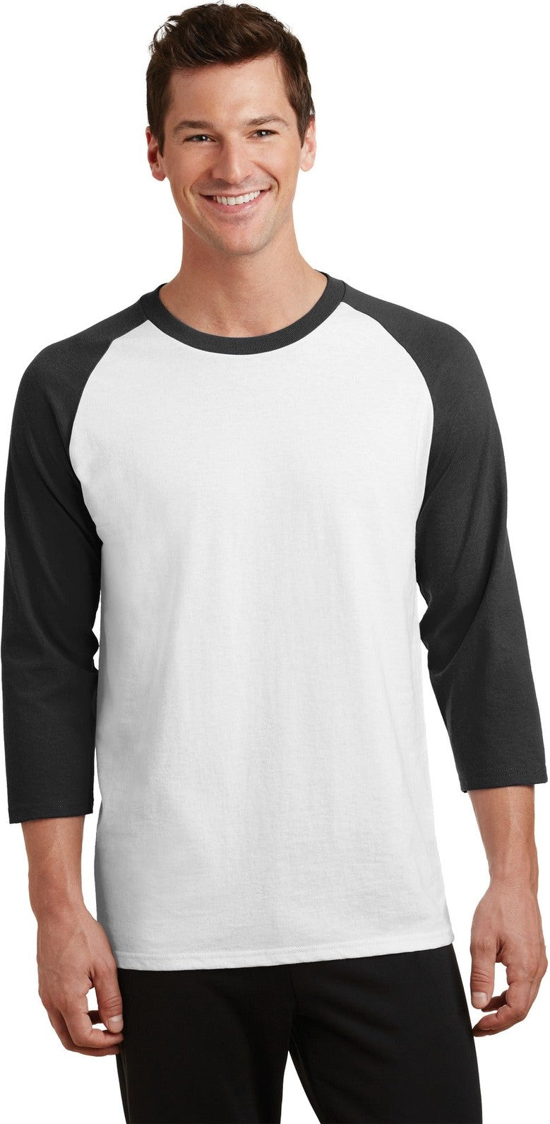 Front View of Wht/Jet Black Port & Co Core Blend 3/4-Sleeve Raglan Tee. PC55RS