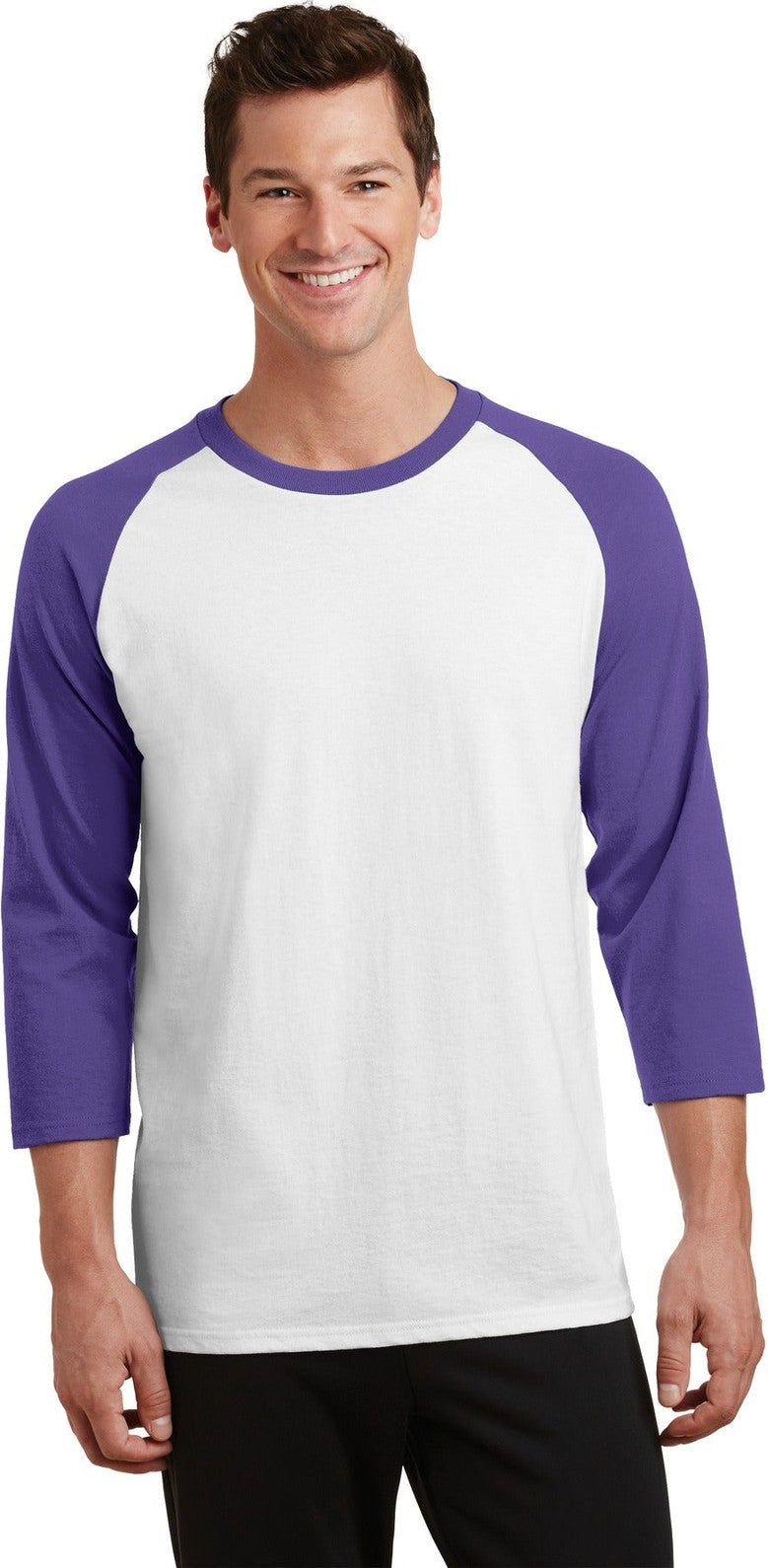 Front View of Wht/Purple Port & Co Core Blend 3/4-Sleeve Raglan Tee. PC55RS
