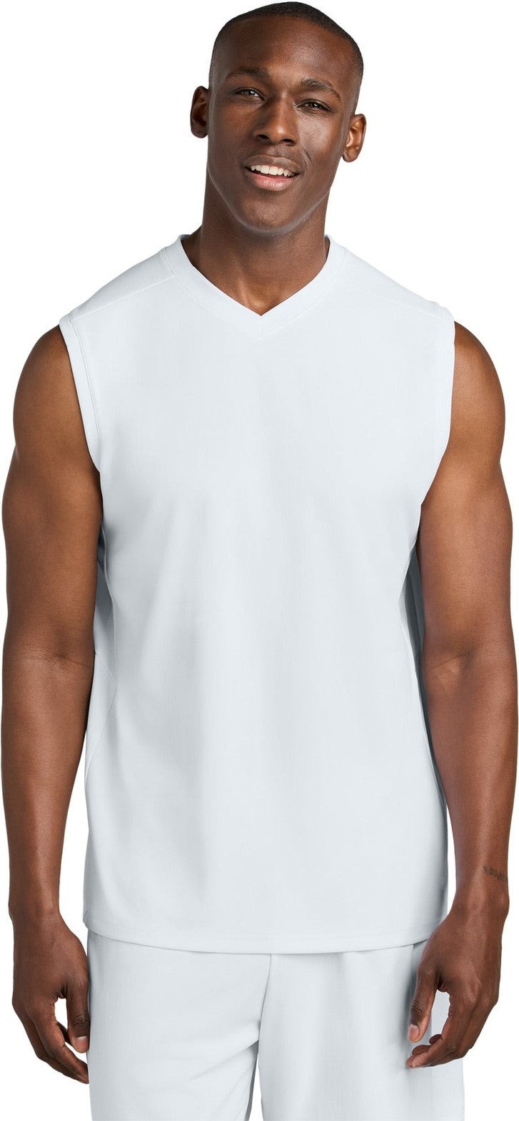Front View of Wht/Wht Sport-Tek Club Sleeveless V-Neck ST441