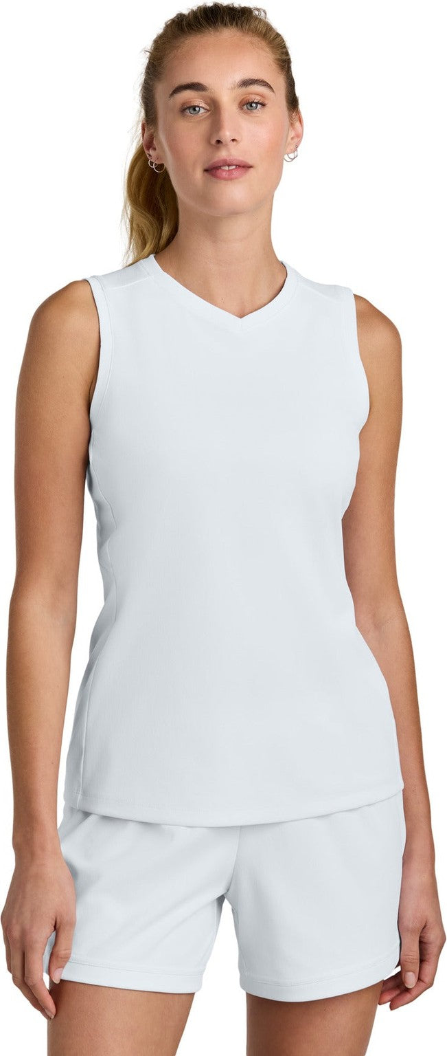 Front View of Wht/Wht Sport-Tek Women's Club Sleeveless V-Neck LST441