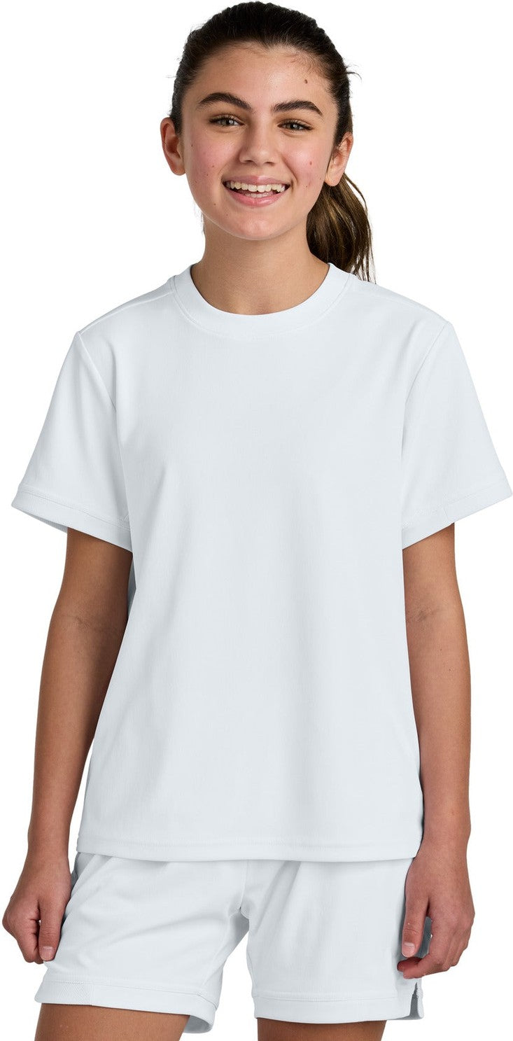 Front View of Wht/Wht Sport-Tek Youth Club Short Sleeve Crew YST440