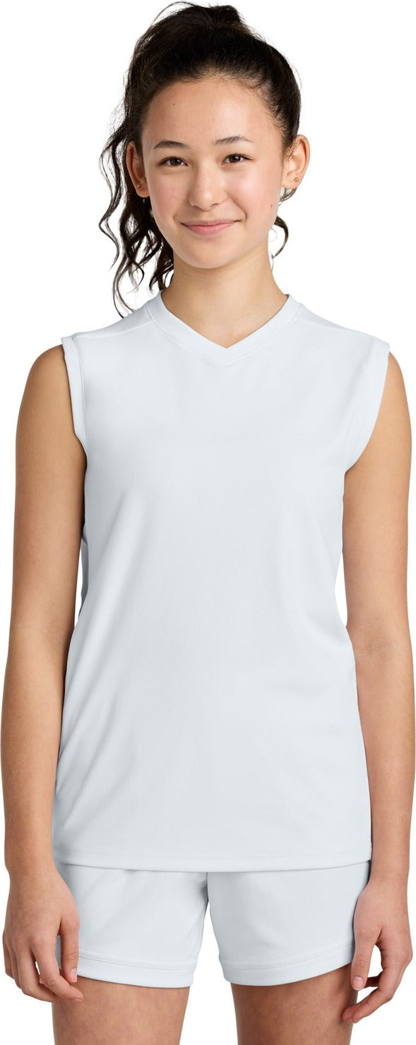Front View of Wht/Wht Sport-Tek Youth Club Sleeveless V-Neck YST441