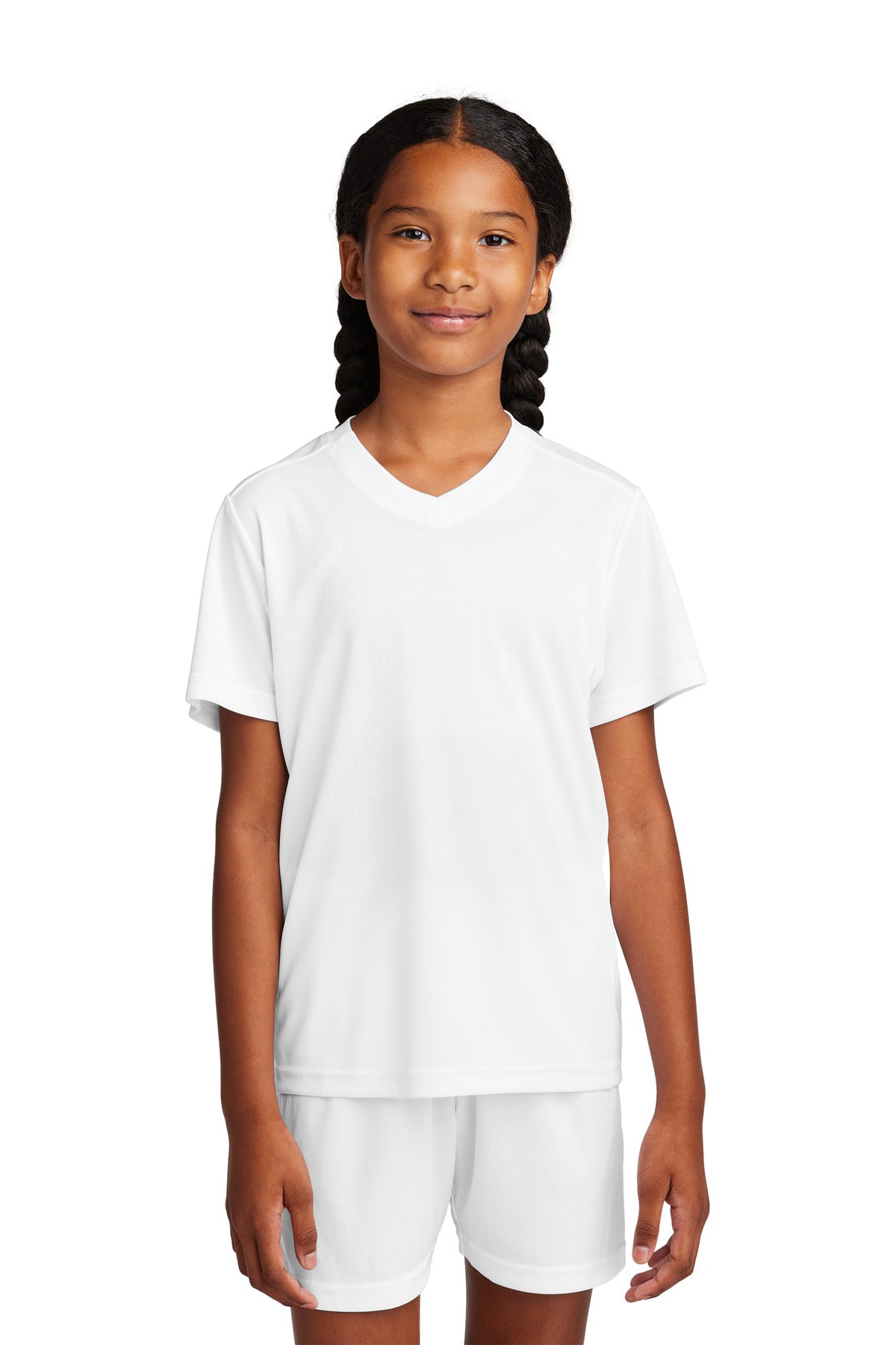Front View of Wht/Wht Sport-Tek Youth Competitor United V-Neck YST101