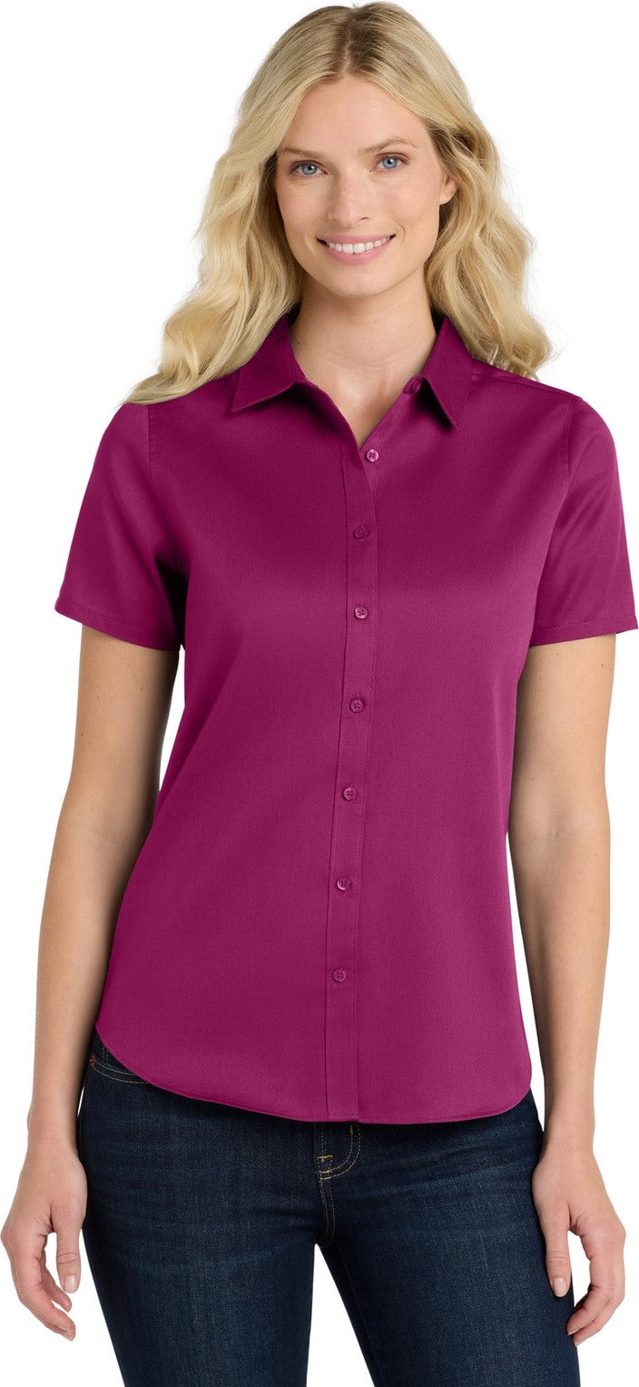 Front View of WildBerry Port Authority Women's Short Sleeve SuperPro React Twill Shirt. LW809