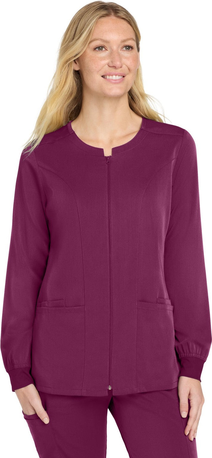 Front View of Wine Wink Women's Premiere Flex Full-Zip Scrub Jacket WW4088