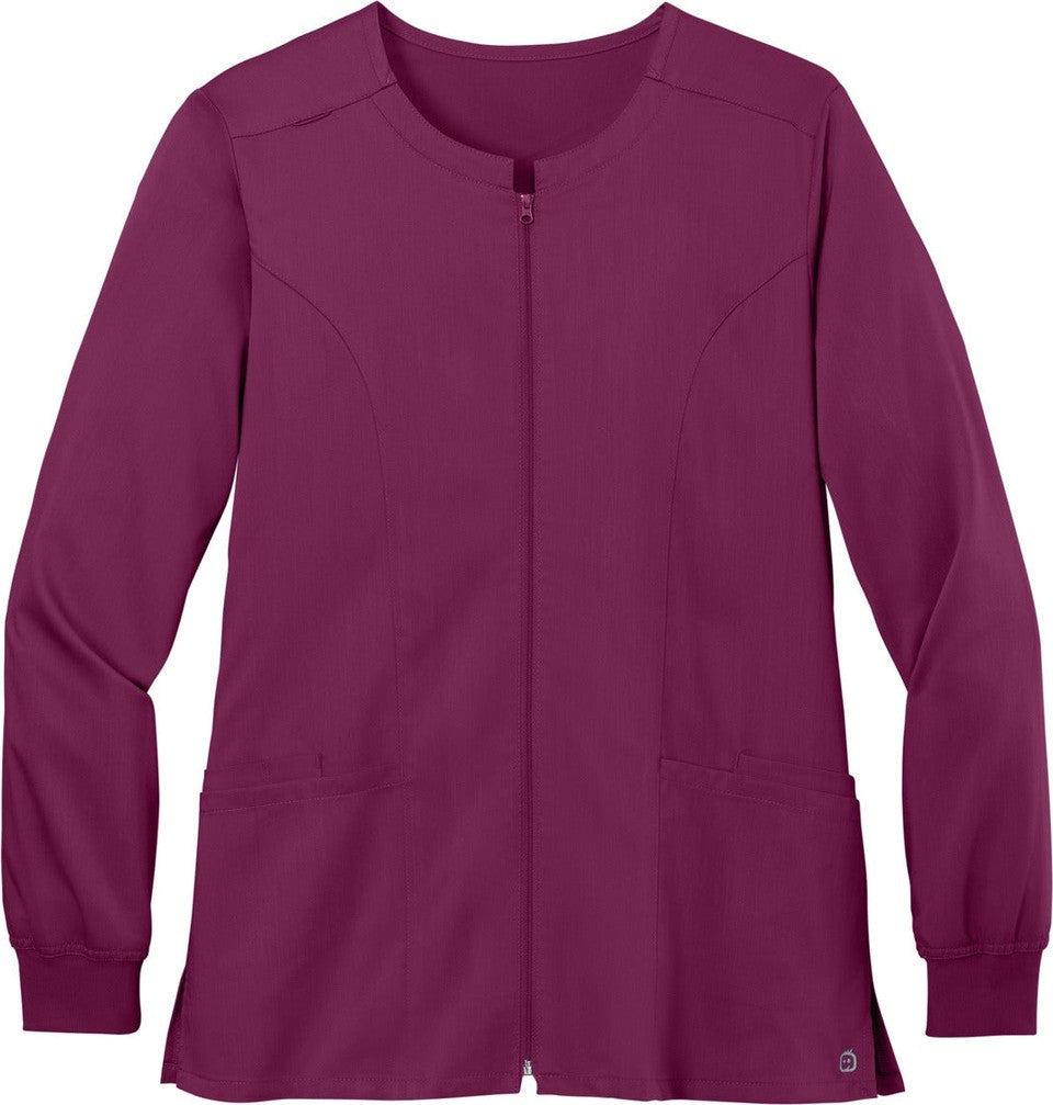 Front View of Wine Wink Women's Premiere Flex Full-Zip Scrub Jacket WW4088