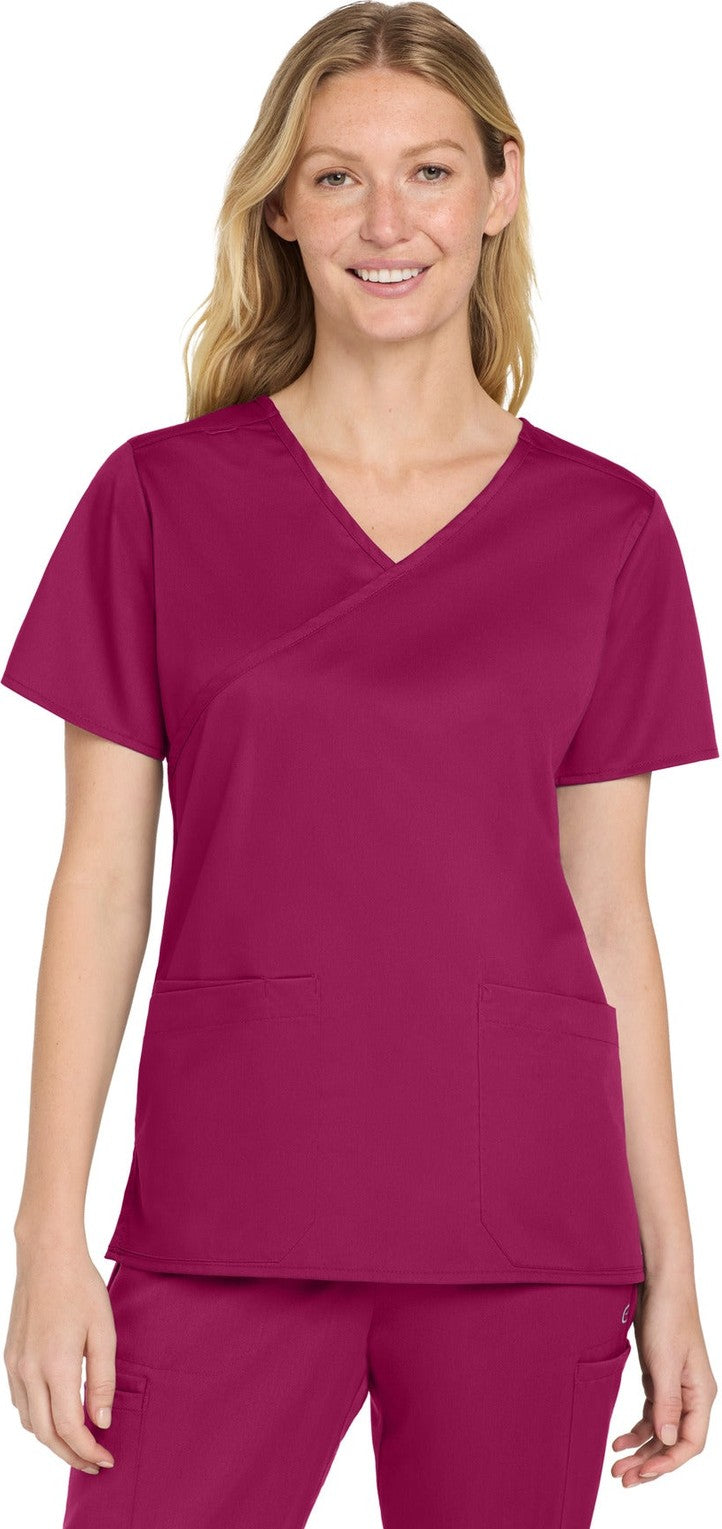 Front View of Wine Wink Women's WorkFlex Mock Wrap Top WW4760